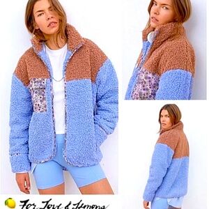 FOR LOVE & LEMONS Sherpa Fleece Jacket Blue Brown Floral Pattern Full Zip M NWT